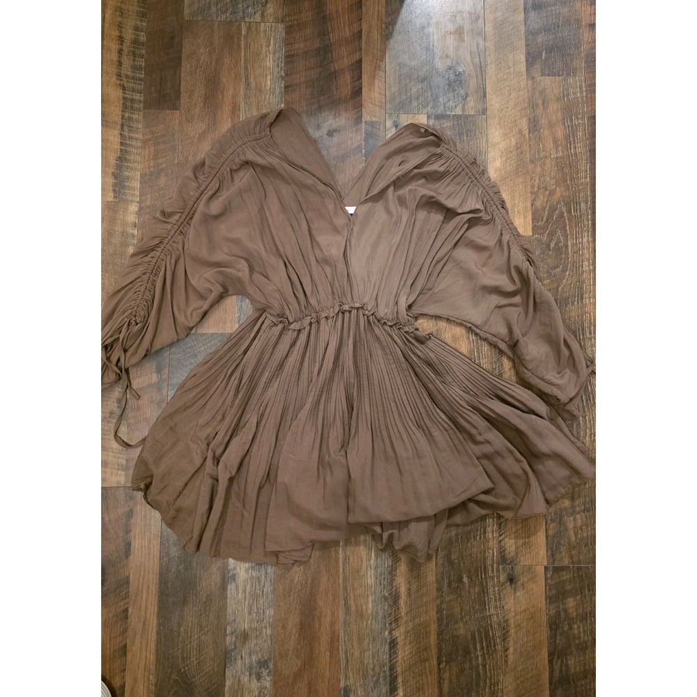 Mustard Seed Women's Ruched Sleeve Pleated Boho Peasant Mini‎ Dress Sz S